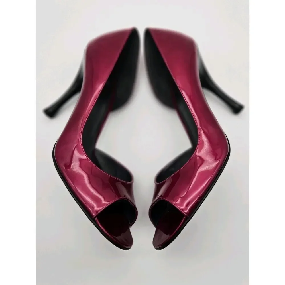 Stuart Weitzman Peep Toe Stiletto Pumps Magenta Glossy Patent Leather Sz 8